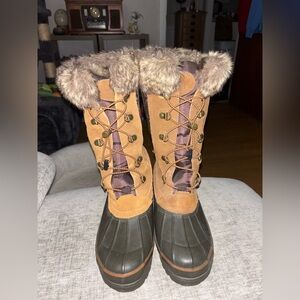 Lands' End Tan and Brown Faux Fur-Trimmed Winter Boots